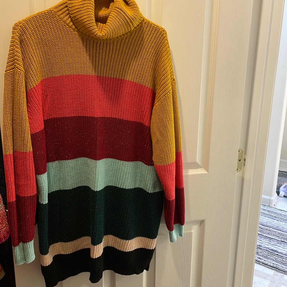 EUC Farm Rio Anthropologie Tunic Striped Sweater Dress Large Rainbow